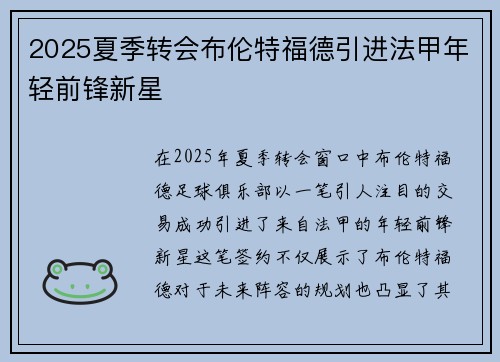 2025夏季转会布伦特福德引进法甲年轻前锋新星 2025夏季转会布伦特福德引进法甲年轻前锋新星